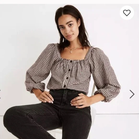 Madewell Puff Sleeve Button Front Crop Top in brown gingham - Picture 2 of 10